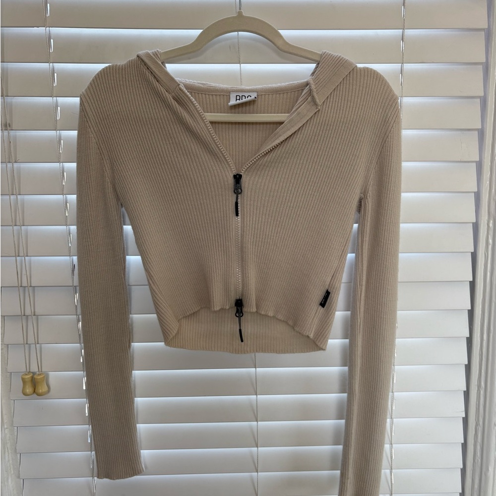 BDG Cream Ribbed Zip-Up Sweater